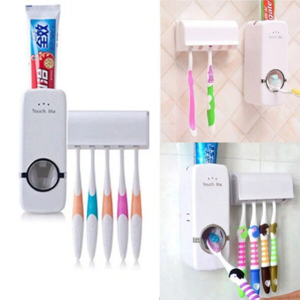 Toothpaste Dispenser With 5 Brush Holder Wall Mounted Automatic Hands Free Toothpaste Dispenser - Image 2