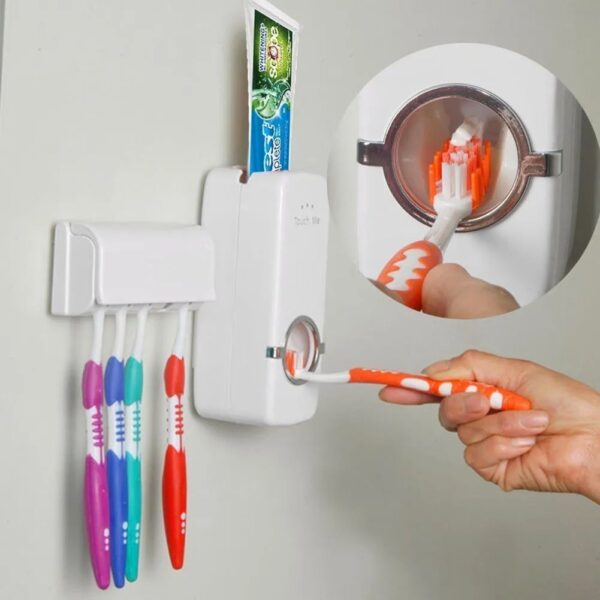 Toothpaste Dispenser With 5 Brush Holder Wall Mounted Automatic Hands Free Toothpaste Dispenser - Image 3